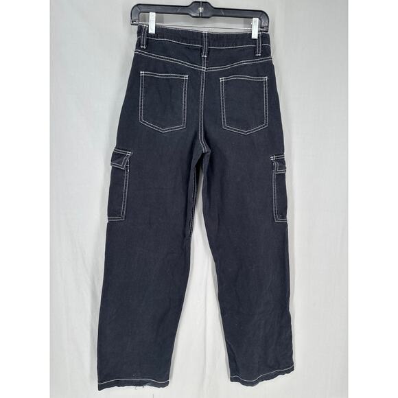 HM Pants Women 0 Black Cargo Baggy High Rise Wide Leg Contrast Stitch Y2K Grunge - Picture 3 of 8